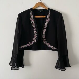 Vintage 90s SL Fashions Black Pink Cream Embroidered Short Cropped Open Blouse